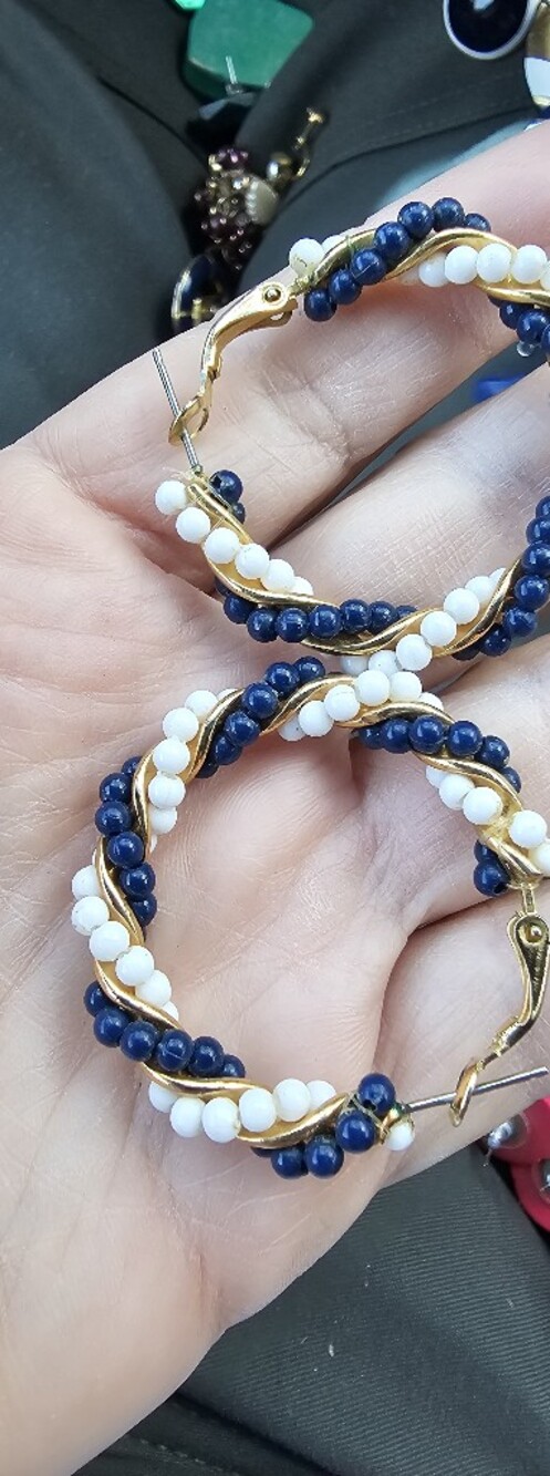 Vintage Navy White Beaded Gold Tone Twisted Hoop Earrings